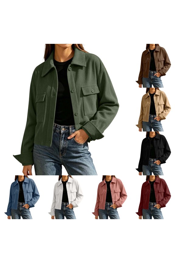 Women's Ribbed Texture Cropped Shacket, Collared Button Down Long Sleeve Solid Casual Jacket with Flap Pockets for Spring Fall Daily Outfits