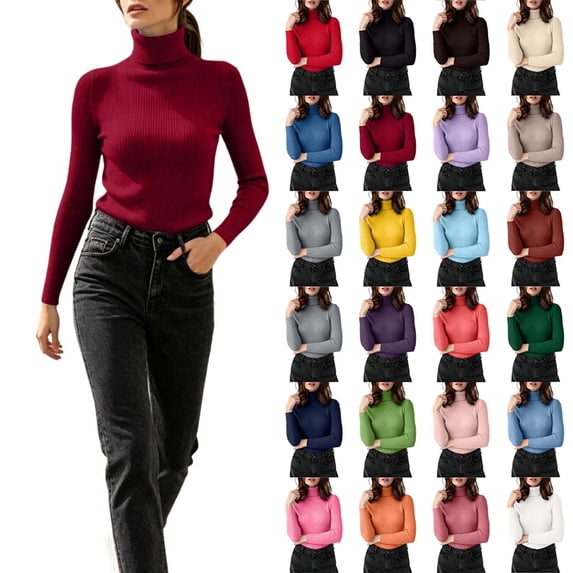 DYTTDG Women's Ribbed Turtleneck Long Sleeve Knit Pullover, Solid Stretch Slim Soft Base Layer Sweater for Fall Winter Daily Layering