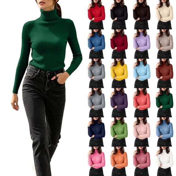 DYTTDG Women's Ribbed Turtleneck Long Sleeve Knit Pullover, Solid Stretch Slim Soft Base Layer Sweater for Fall Winter Daily Layering