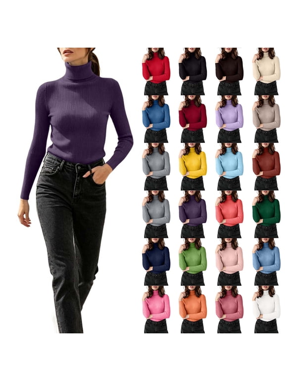 Women's Ribbed Turtleneck Long Sleeve Knit Pullover, Solid Stretch Slim Soft Base Layer Sweater for Fall Winter Daily Layering