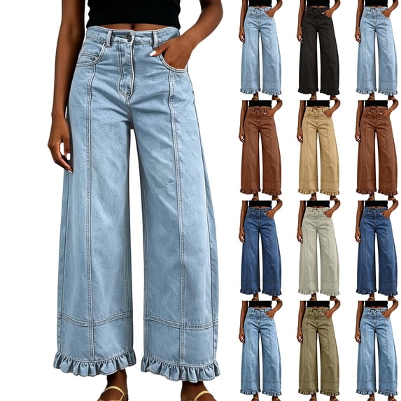 DYTTDG Women's Ruffle Hem Wide Leg Jeans, High Waist Straight Cut Denim Trousers With Side Pockets for Daily Casual Wear (S-3XL)