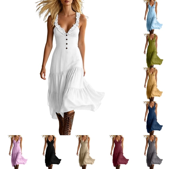 DYTTDG Women's Ruffle Trim Tiered Midi Dress | V-Neck Spaghetti Strap Flowy Dress with Decorative Button, Casual Summer Flutter Dress