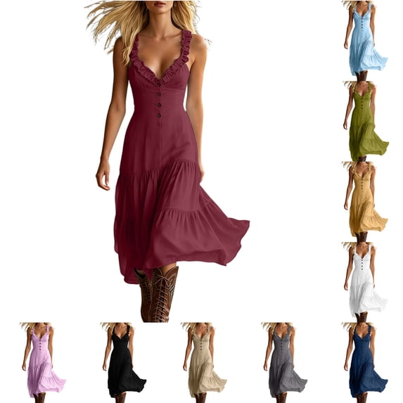 DYTTDG Women's Ruffle Trim Tiered Midi Dress | V-Neck Spaghetti Strap Flowy Dress with Decorative Button, Casual Summer Flutter Dress