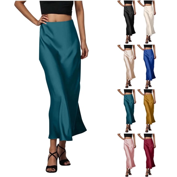 DYTTDG Women's Satin Maxi Skirt | High Waist Elastic Waist Long Skirt, Solid Color Flowy Ankle-Length Midi Skirt for Casual & Party