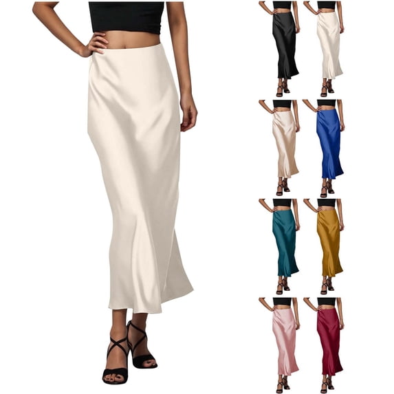 DYTTDG Women's Satin Maxi Skirt | High Waist Elastic Waist Long Skirt, Solid Color Flowy Ankle-Length Midi Skirt for Casual & Party
