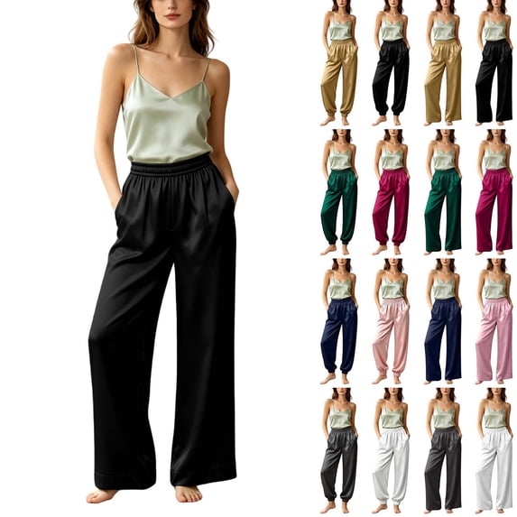 DYTTDG Women's Satin Wide Leg Pajama Pants, Elastic High Waist Side Pocket Solid Loose Casual Indoor Loungewear Sleep Bottoms