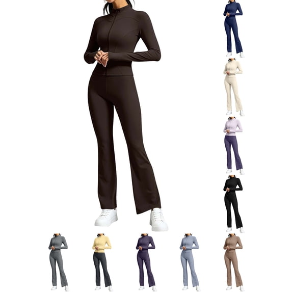 DYTTDG Women's Solid-Color 2-Piece Tracksuit Set | Full-Zip Long-Sleeve Stand-Collar Sweatshirt & Elastic-Waist Flared Pants Outfit for Sports, Workout & Daily Casual Wear