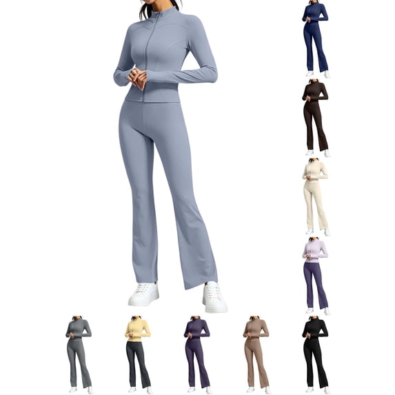 DYTTDG Women's Solid-Color 2-Piece Tracksuit Set | Full-Zip Long-Sleeve Stand-Collar Sweatshirt & Elastic-Waist Flared Pants Outfit for Sports, Workout & Daily Casual Wear