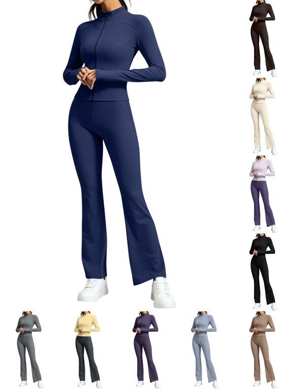 Women's Solid-Color 2-Piece Tracksuit Set | Full-Zip Long-Sleeve Stand-Collar Sweatshirt & Elastic-Waist Flared Pants Outfit for Sports, Workout & Daily Casual Wear