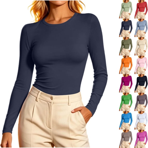 DYTTDG Women’s Solid‑Color Crew Neck Long Sleeve Top, Soft Stretchy Slim‑Fit Basic Knit, Versatile Casual Layering Blouse for Daily Wear and Fall‑Winter Outfits