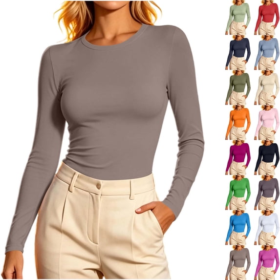 DYTTDG Women’s Solid‑Color Crew Neck Long Sleeve Top, Soft Stretchy Slim‑Fit Basic Knit, Versatile Casual Layering Blouse for Daily Wear and Fall‑Winter Outfits