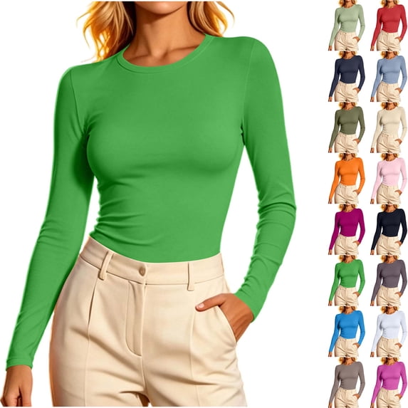 DYTTDG Women’s Solid‑Color Crew Neck Long Sleeve Top, Soft Stretchy Slim‑Fit Basic Knit, Versatile Casual Layering Blouse for Daily Wear and Fall‑Winter Outfits