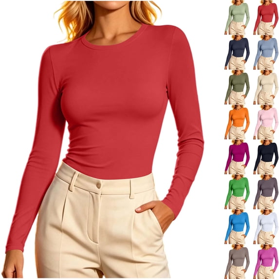 DYTTDG Women’s Solid‑Color Crew Neck Long Sleeve Top, Soft Stretchy Slim‑Fit Basic Knit, Versatile Casual Layering Blouse for Daily Wear and Fall‑Winter Outfits