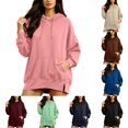 thumbnail image 1 of DYTTDG Women's Solid Color Drawstring Hoodie, Long Sleeve Loose Casual Pullover With Kangaroo Pocket Side Slit Hem for Daily Wear, 1 of 7