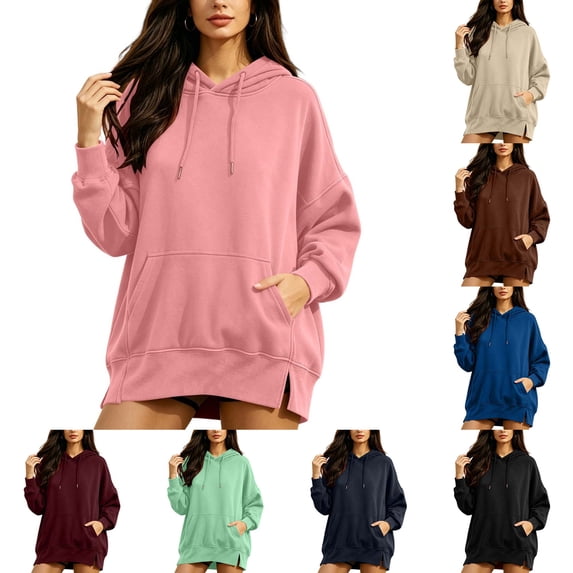 DYTTDG Women's Solid Color Drawstring Hoodie, Long Sleeve Loose Casual Pullover With Kangaroo Pocket Side Slit Hem for Daily Wear