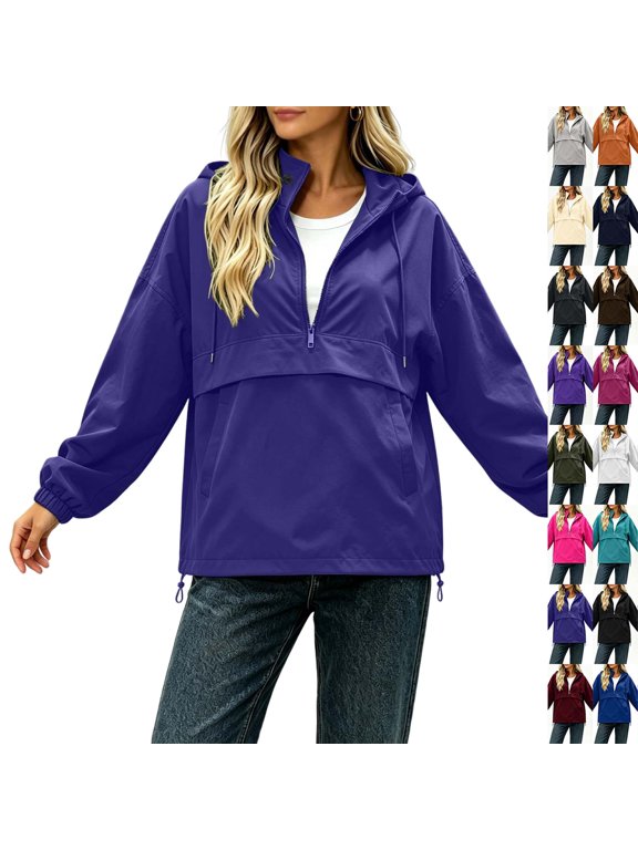 Women's Solid-Color Half-Zip Hooded Windbreaker | Long-Sleeve Loose Pullover Jacket with Drawstring Hem & Side Pockets for Outdoor Daily Casual Wear