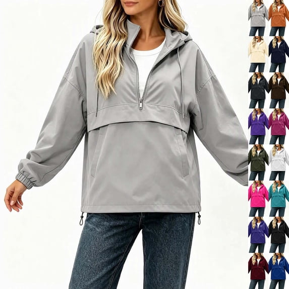 DYTTDG Women's Solid-Color Half-Zip Hooded Windbreaker | Long-Sleeve Loose Pullover Jacket with Drawstring Hem & Side Pockets for Outdoor Daily Casual Wear
