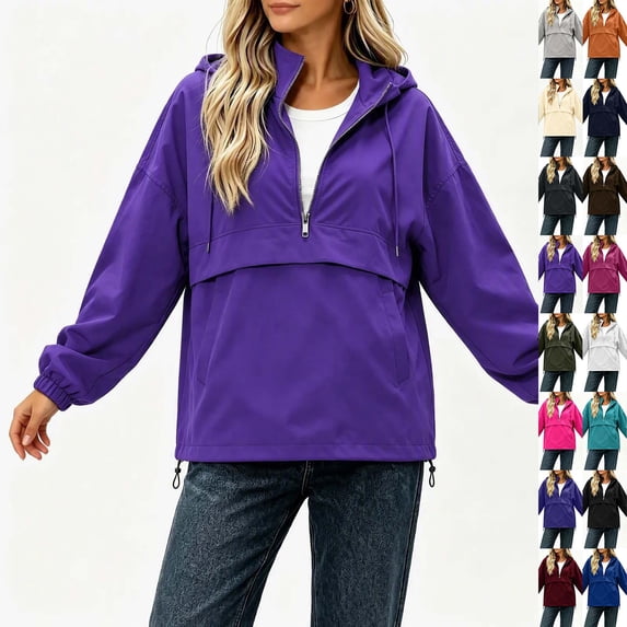 DYTTDG Women's Solid-Color Half-Zip Hooded Windbreaker | Long-Sleeve Loose Pullover Jacket with Drawstring Hem & Side Pockets for Outdoor Daily Casual Wear