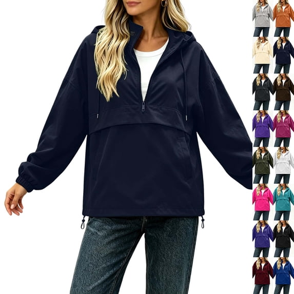 DYTTDG Women's Solid-Color Half-Zip Hooded Windbreaker | Long-Sleeve Loose Pullover Jacket with Drawstring Hem & Side Pockets for Outdoor Daily Casual Wear