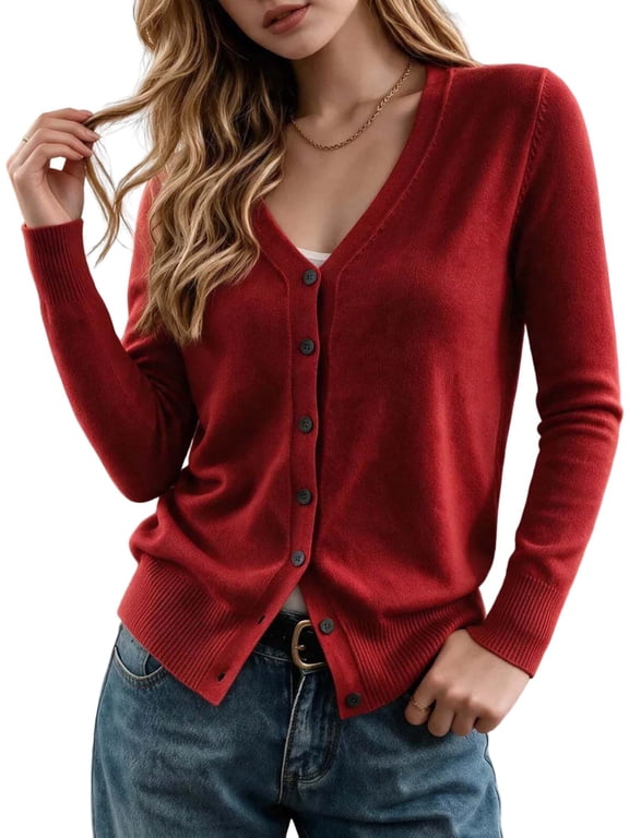 Women's Solid Color Knitted Cardigan, V Neck Button Down Long Sleeve Sweater, Ribbed Cuff Hem Casual Lightweight Layering Outerwear for Spring and Fall Daily Wear