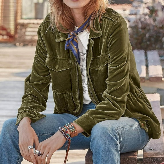 DYTTDG Women's Solid Color Long Sleeve Golden Velvet Jacket Hoodless Casual Warm Waisted Jacket with Pockets Great Gifts for Less