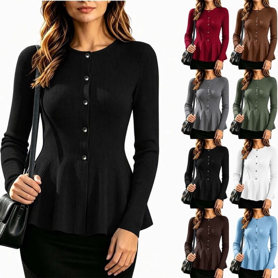 DYTTDG Women's Solid-Color Long-Sleeve Ribbed Cardigan | Crew Neck Button-Front Fitted Peplum Hem Knit Top for Casual & Daily Streetwear