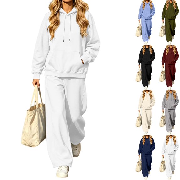 DYTTDG Women's Solid Color Loose Hoodie Tracksuit Set, Drawstring Hooded Pullover & Elastic Drawstring Waist Wide Leg Pants Casual Two Piece Outfit Sets