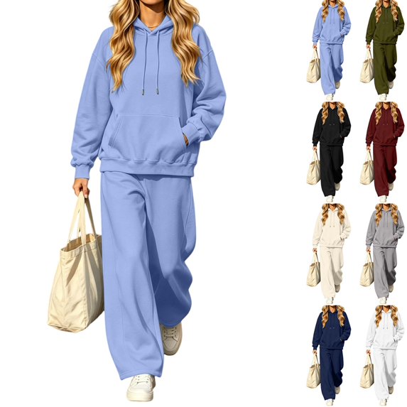 DYTTDG Women's Solid Color Loose Hoodie Tracksuit Set, Drawstring Hooded Pullover & Elastic Drawstring Waist Wide Leg Pants Casual Two Piece Outfit Sets