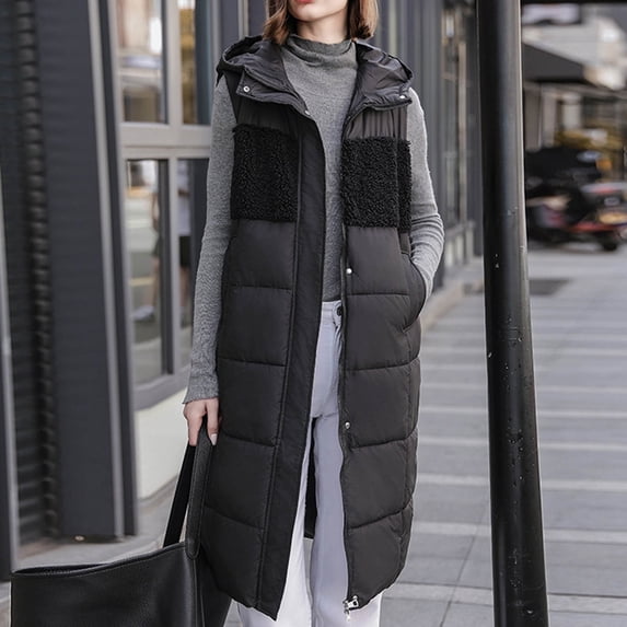 DYTTDG Women's Solid Color Sleeveless Zipper Plush Patchwork Hooded Long Cardigan Jacket Sleeveless Hooded Casual Warm Jacket on Clearance