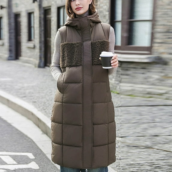 DYTTDG Women's Solid Color Sleeveless Zipper Plush Patchwork Hooded Long Cardigan Jacket Sleeveless Hooded Casual Warm Jacket on Clearance