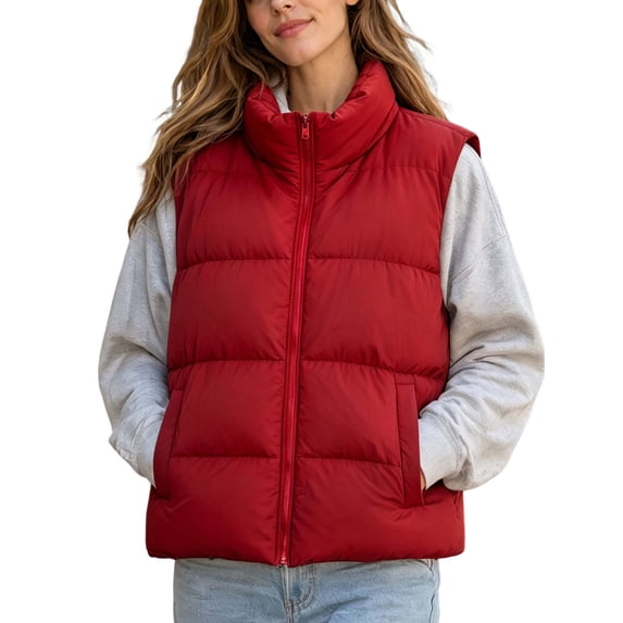 DYTTDG Women's Solid Color Stand Collar Puffer Vest, Full Zipper Sleeveless Outerwear With Side Pockets, Lightweight Casual Quilted Gilet for Fall Winter Daily Wear