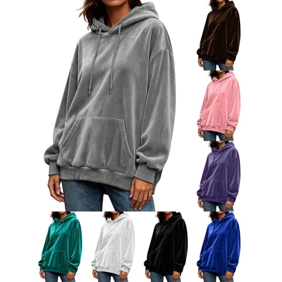 DYTTDG Women’s Solid‑Color Velour Hoodie, Long Sleeve Drawstring Loose‑Fit Hoodie With Front Kangaroo Pocket, Soft Casual Loungewear Sweatshirt for Fall Winter Daily Outfits