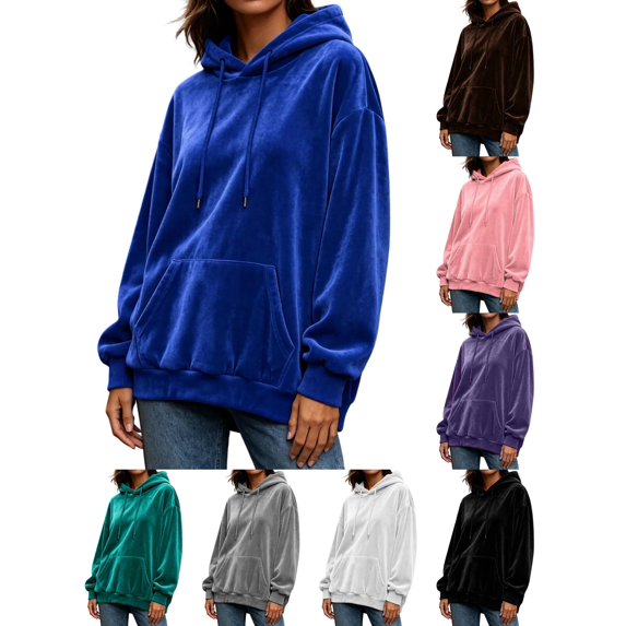 DYTTDG Women’s Solid‑Color Velour Hoodie, Long Sleeve Drawstring Loose‑Fit Hoodie With Front Kangaroo Pocket, Soft Casual Loungewear Sweatshirt for Fall Winter Daily Outfits