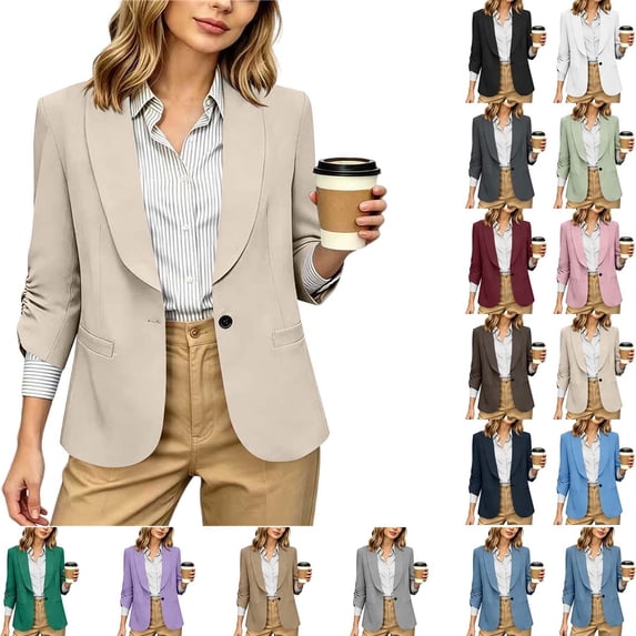 DYTTDG Women's Solid Ruched 3/4 Sleeve Blazer | Open Front Lapel Work Suit Jacket with Single Button & Pockets, Lightweight Office Blazer