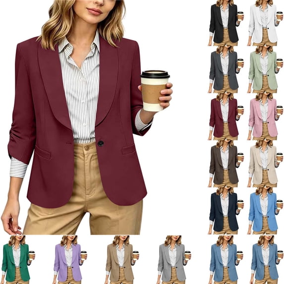 DYTTDG Women's Solid Ruched 3/4 Sleeve Blazer | Open Front Lapel Work Suit Jacket with Single Button & Pockets, Lightweight Office Blazer