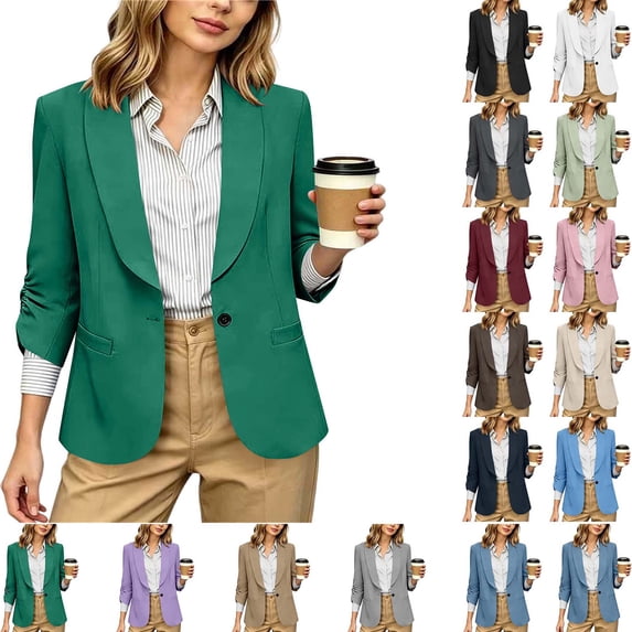 DYTTDG Women's Solid Ruched 3/4 Sleeve Blazer | Open Front Lapel Work Suit Jacket with Single Button & Pockets, Lightweight Office Blazer