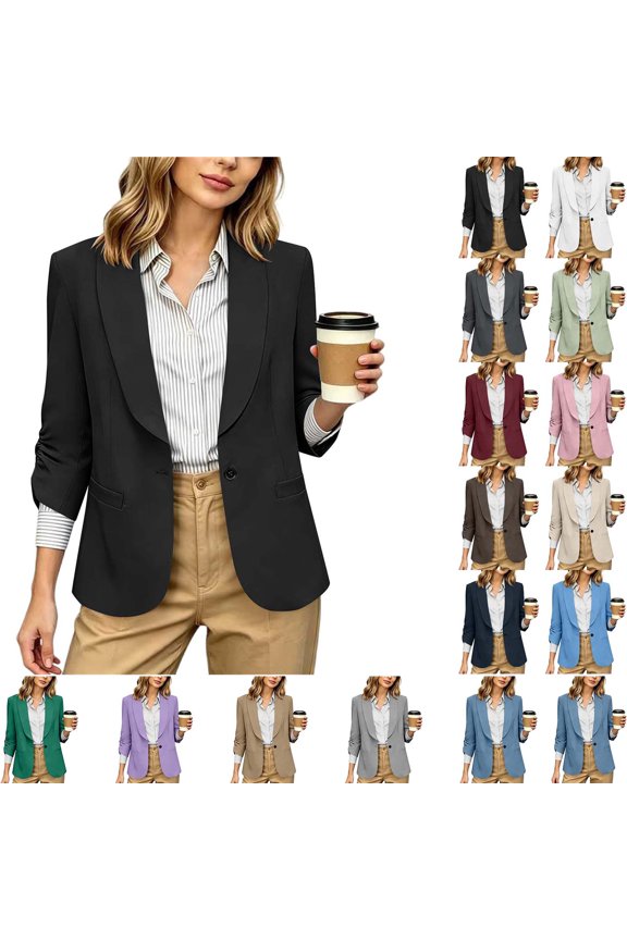 Women's Solid Ruched 3/4 Sleeve Blazer | Open Front Lapel Work Suit Jacket with Single Button & Pockets, Lightweight Office Blazer
