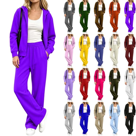 DYTTDG Women's Solid Zip Up Hoodie Tracksuit, Long Sleeve Hoodie & Drawstring Elastic Waist Pants 2-Piece Loungewear Set With Pockets