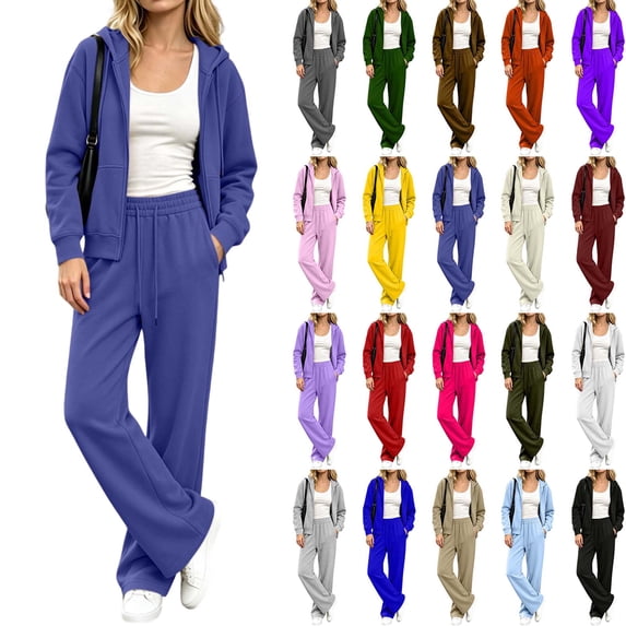 DYTTDG Women's Solid Zip Up Hoodie Tracksuit, Long Sleeve Hoodie & Drawstring Elastic Waist Pants 2-Piece Loungewear Set With Pockets