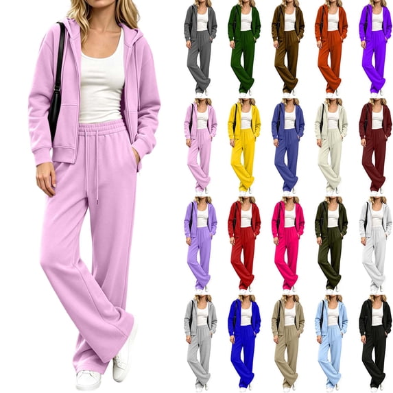 DYTTDG Women's Solid Zip Up Hoodie Tracksuit, Long Sleeve Hoodie & Drawstring Elastic Waist Pants 2-Piece Loungewear Set With Pockets