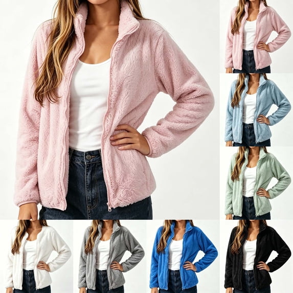 DYTTDG Women's Stand Collar Full Zip Fuzzy Fleece Jacket, Solid Long Sleeve Casual Coat with Side Pockets Lightweight Outerwear for Spring Fall Daily Outdoor Wear
