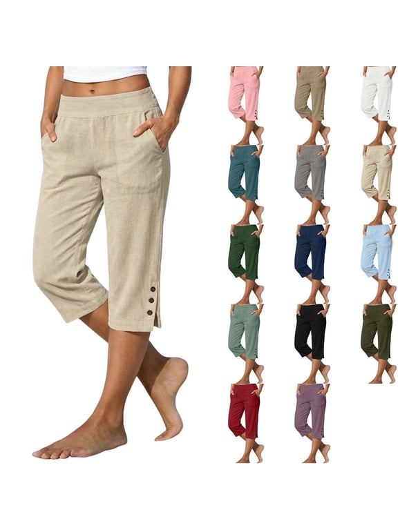 Women's Straight Leg Capri Pants | High Waist Loose Cropped Pants with Side Pockets & Button Slit Hem, Casual Summer Trousers