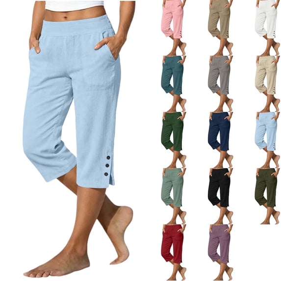 DYTTDG Women's Straight Leg Capri Pants | High Waist Loose Cropped Pants with Side Pockets & Button Slit Hem, Casual Summer Trousers
