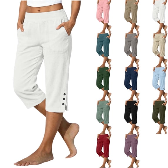 DYTTDG Women's Straight Leg Capri Pants | High Waist Loose Cropped Pants with Side Pockets & Button Slit Hem, Casual Summer Trousers