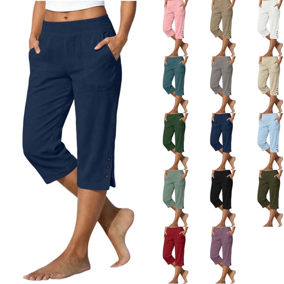 DYTTDG Women's Straight Leg Capri Pants | High Waist Loose Cropped Pants with Side Pockets & Button Slit Hem, Casual Summer Trousers
