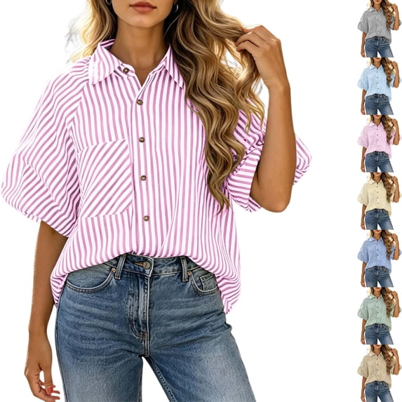 DYTTDG Women's Striped Button Down Shirt, Short Sleeve Collared Blouse with Chest Pocket, Loose Fit Casual Top for Summer & Fall