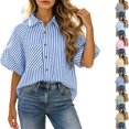 thumbnail image 1 of DYTTDG Women's Striped Button Down Shirt, Short Sleeve Collared Blouse with Chest Pocket, Loose Fit Casual Top for Summer & Fall, 1 of 7