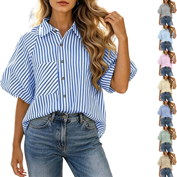 DYTTDG Women's Striped Button Down Shirt, Short Sleeve Collared Blouse with Chest Pocket, Loose Fit Casual Top for Summer & Fall