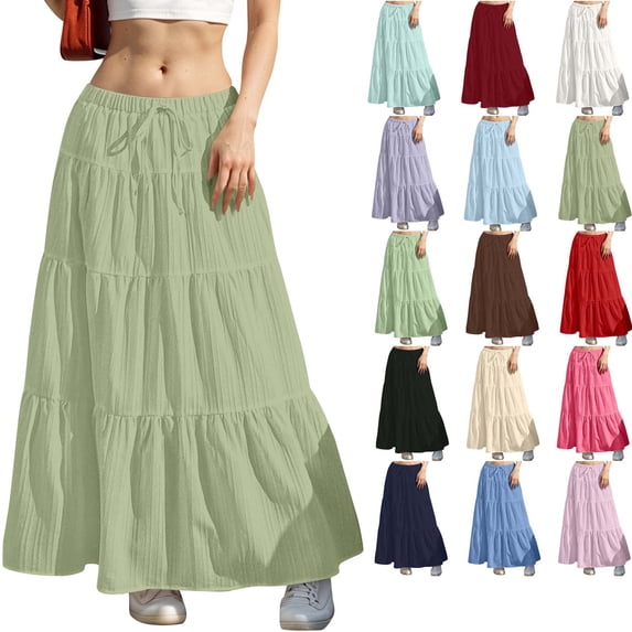 DYTTDG Women's Tiered Maxi Skirt | Solid Color Elastic Waist A-Line Skirt, Casual Flowy Long Skirt for Summer, Beach & Daily Wear