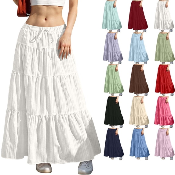 DYTTDG Women's Tiered Maxi Skirt | Solid Color Elastic Waist A-Line Skirt, Casual Flowy Long Skirt for Summer, Beach & Daily Wear